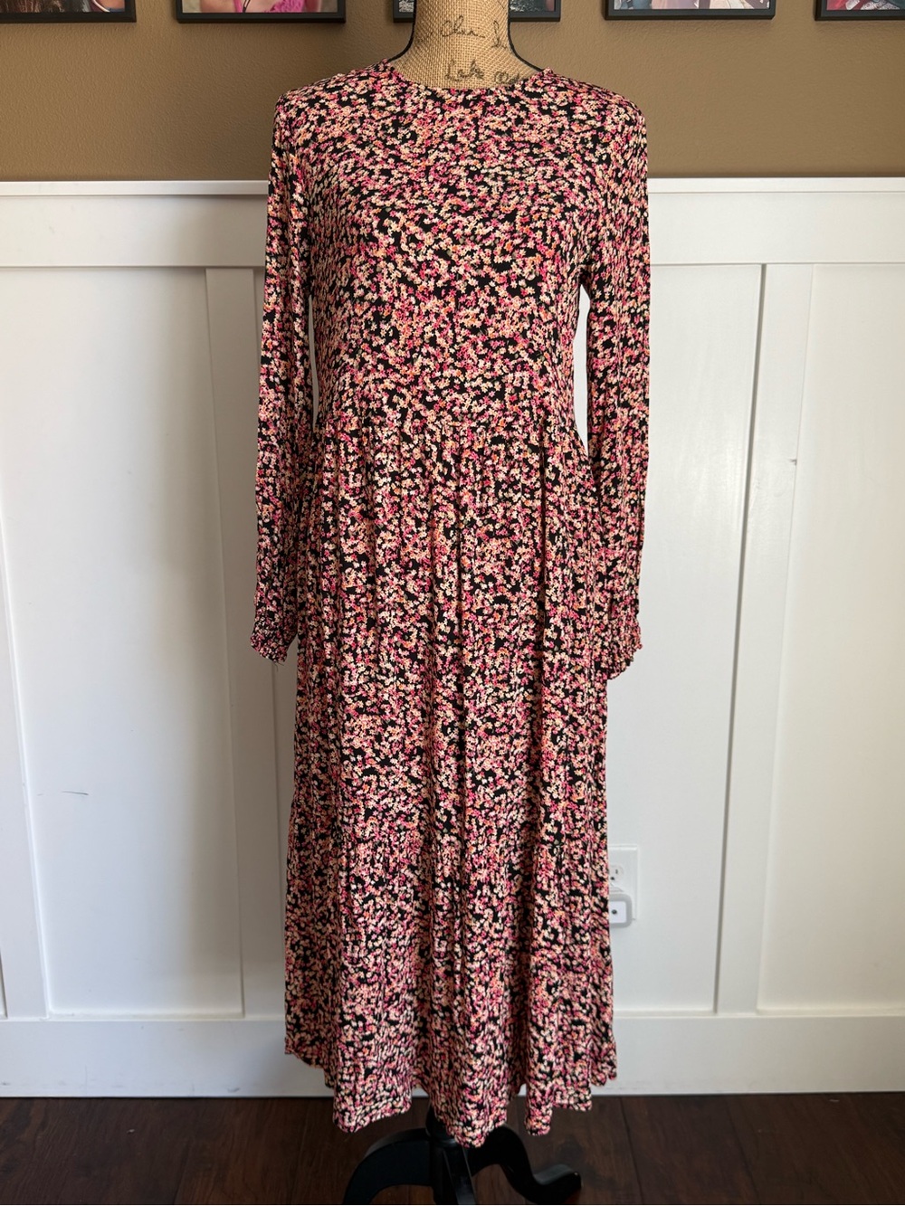 H&M Floral Print Tiered Maxi Dress Small Boho Cottagecore Long Sleeve Viscose